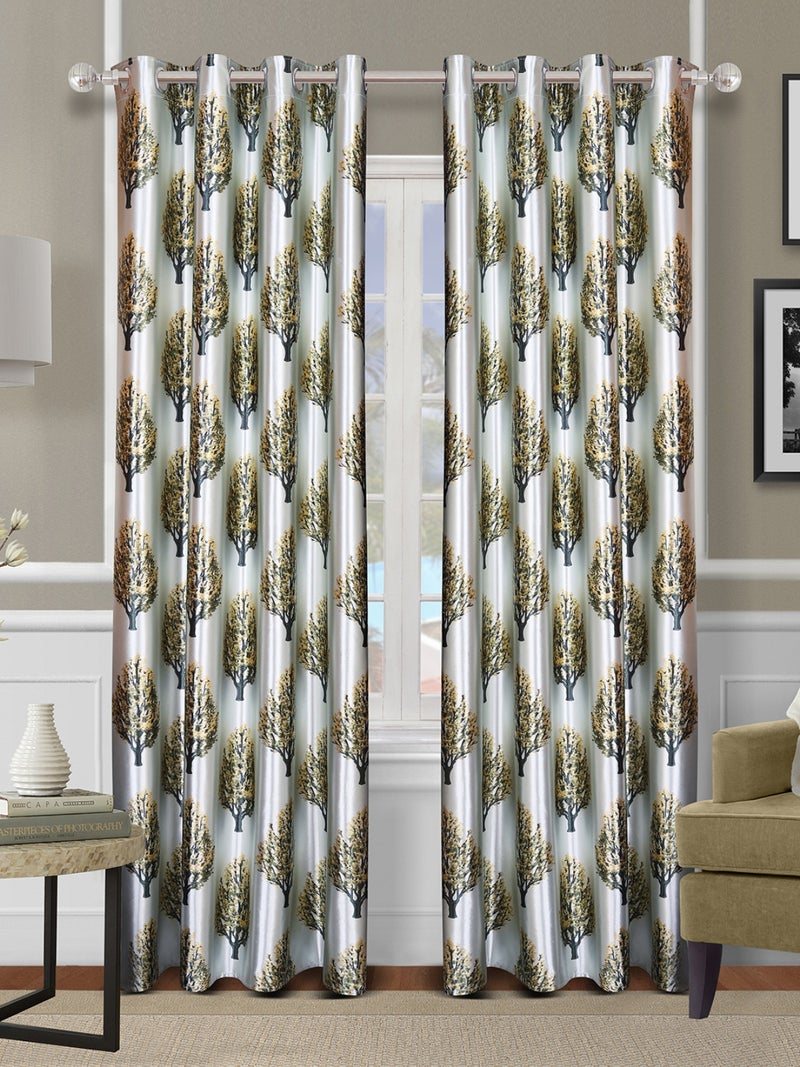 Tree Printed Polyester Curtain Set of 2, Green & Off White